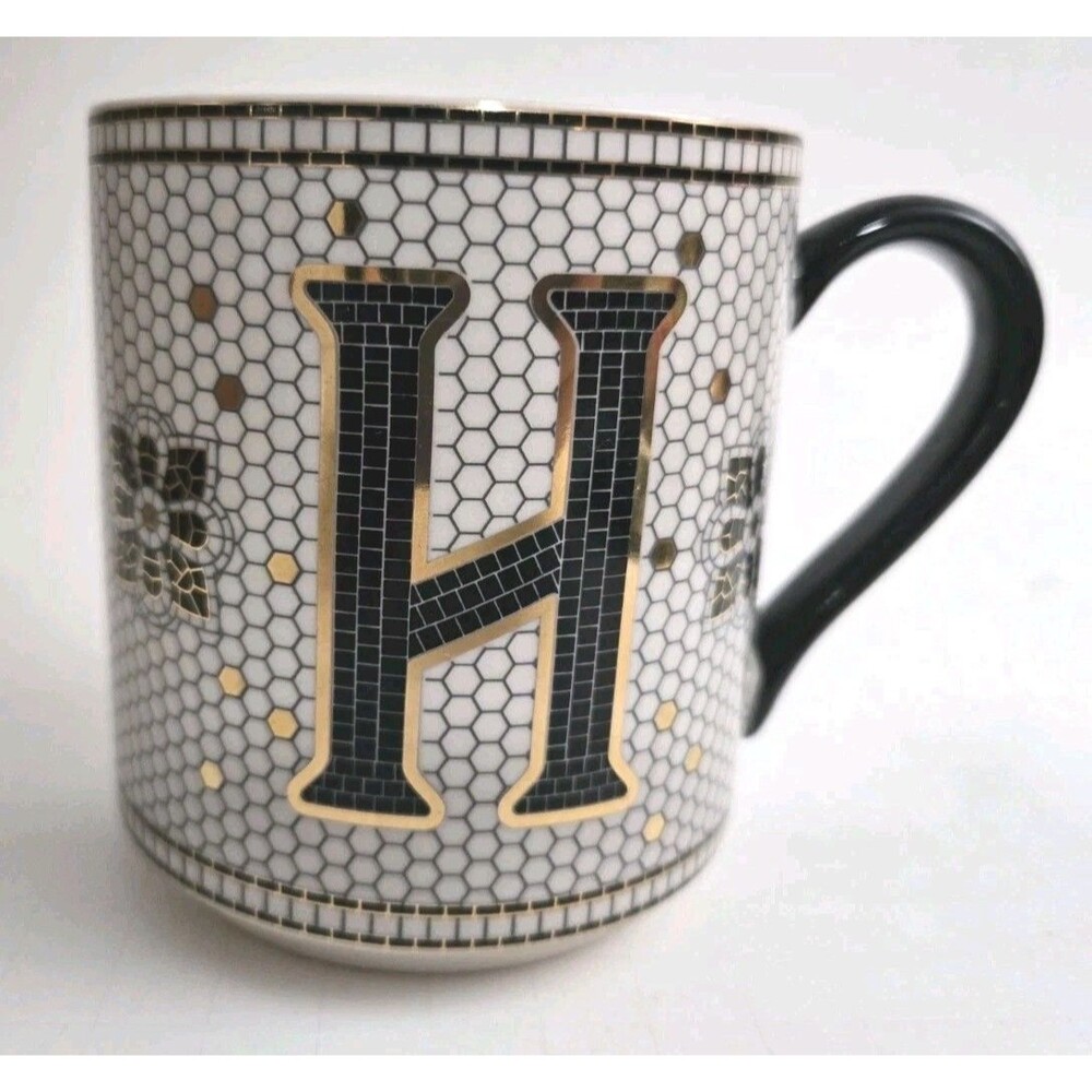 Anthropologie Gold/Black Honeycomb Mosaic Monogram H Initial Coffee Mug 15 oz